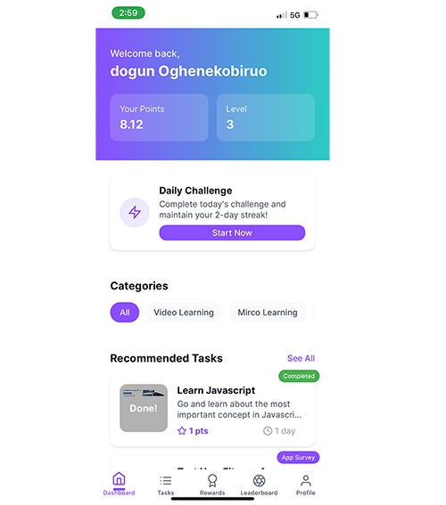 TaskEarn mobile dashboard