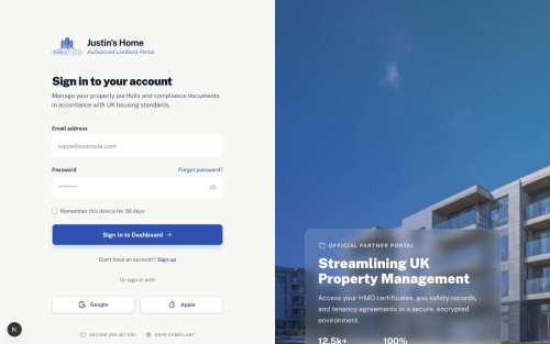 Justin's Homes landlord portal sign-in experience